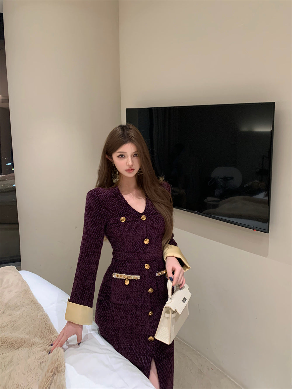 【dress】フランス風長袖スリットワンピースG24556