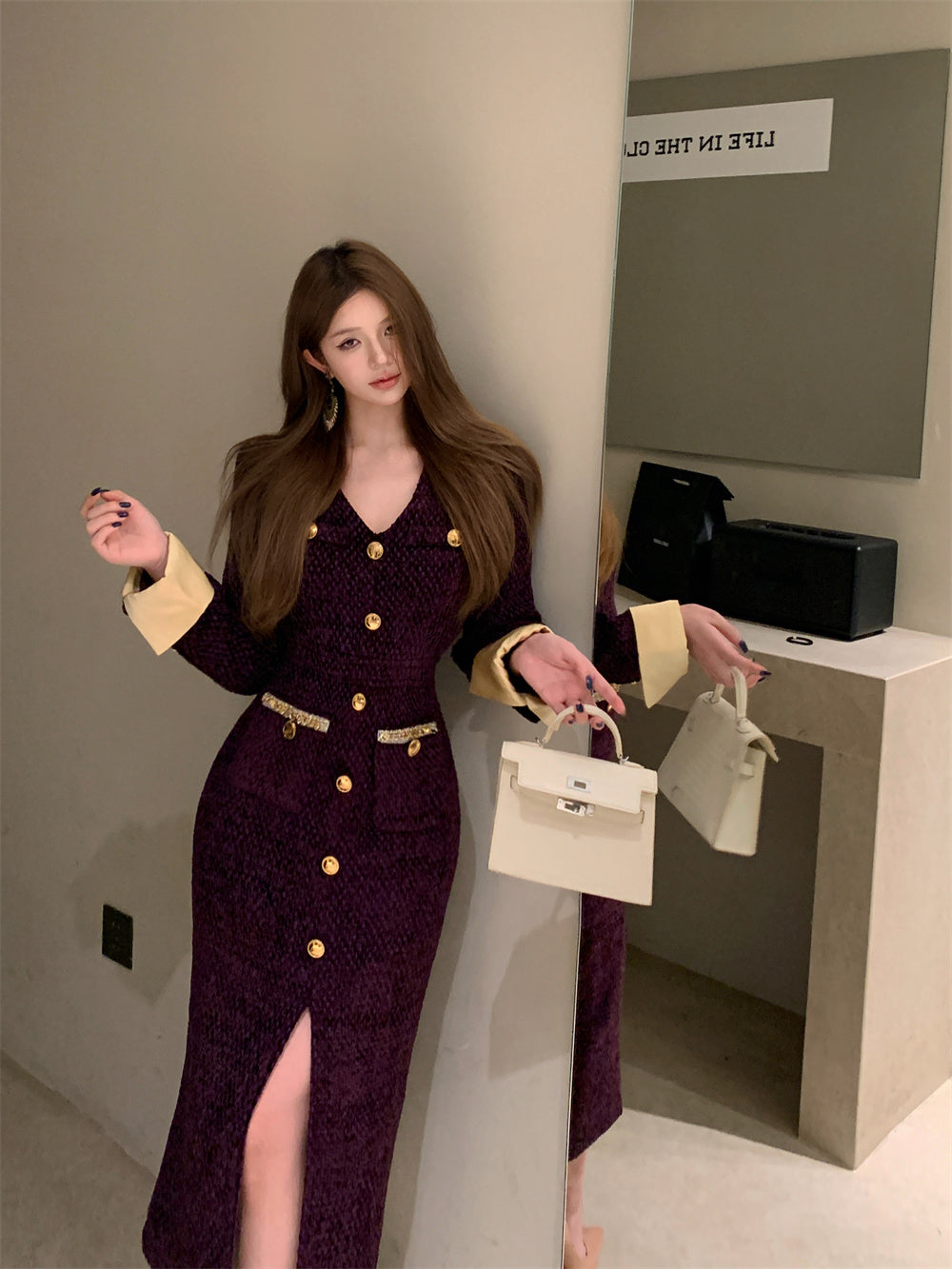 【dress】フランス風長袖スリットワンピースG24556