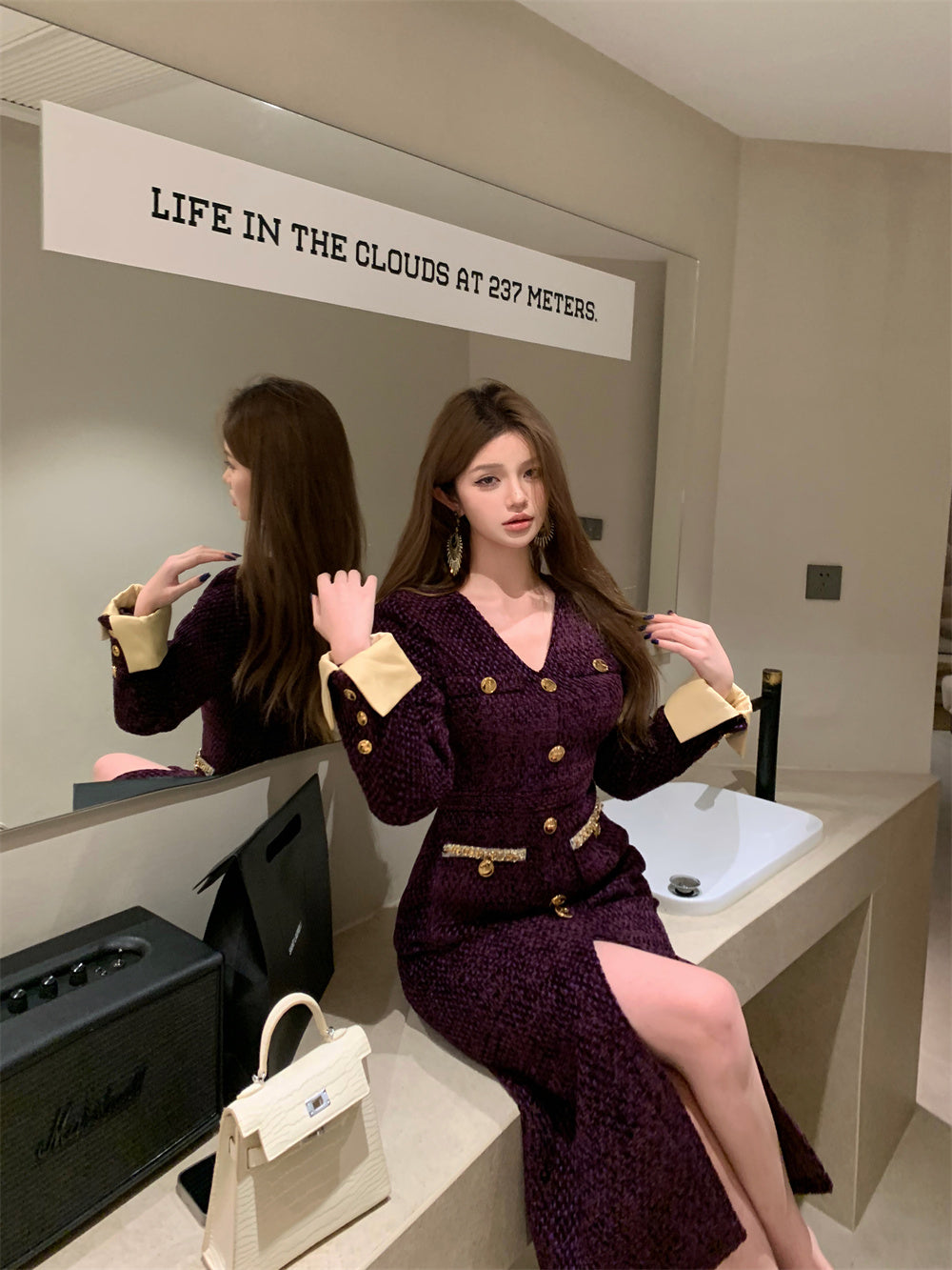 【dress】フランス風長袖スリットワンピースG24556