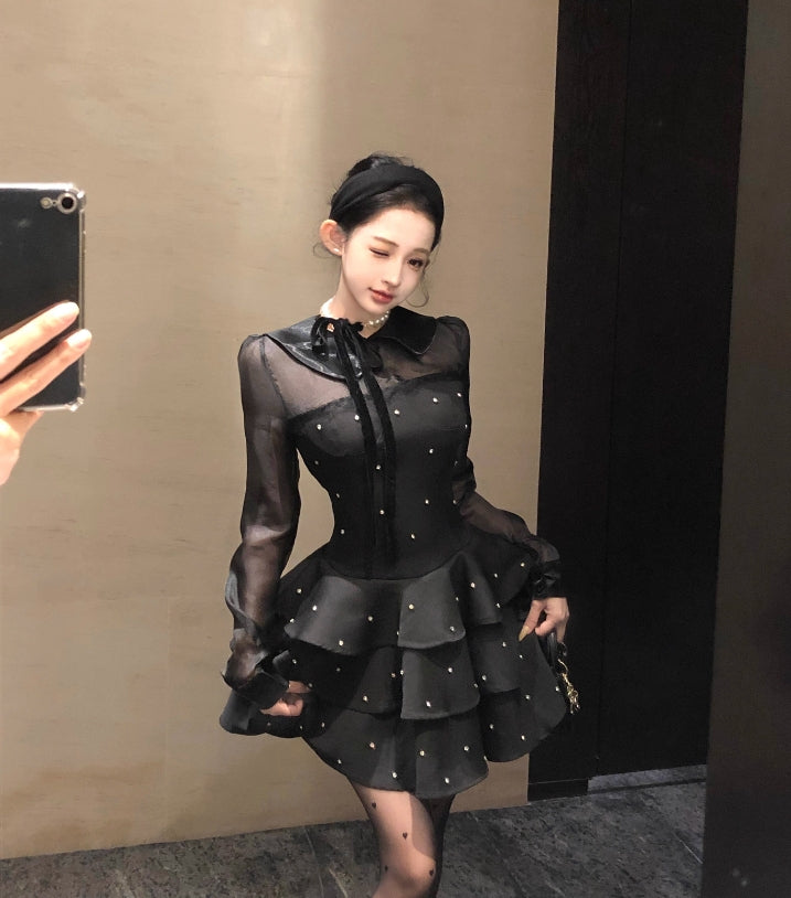 【dress】フランス風ダイヤモンド長袖ワンピースG24563