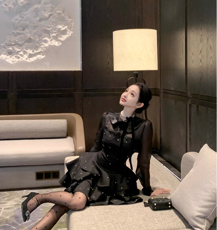 【dress】フランス風ダイヤモンド長袖ワンピースG24563