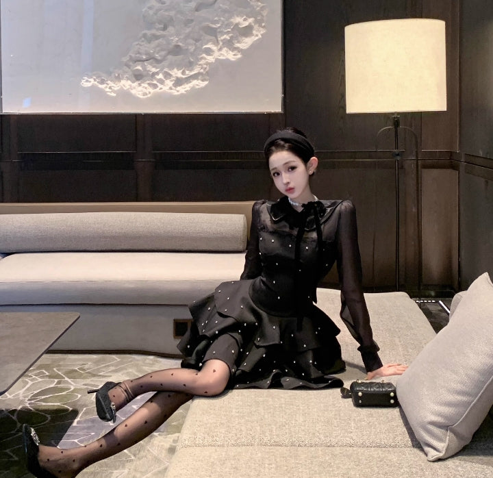 【dress】フランス風ダイヤモンド長袖ワンピースG24563