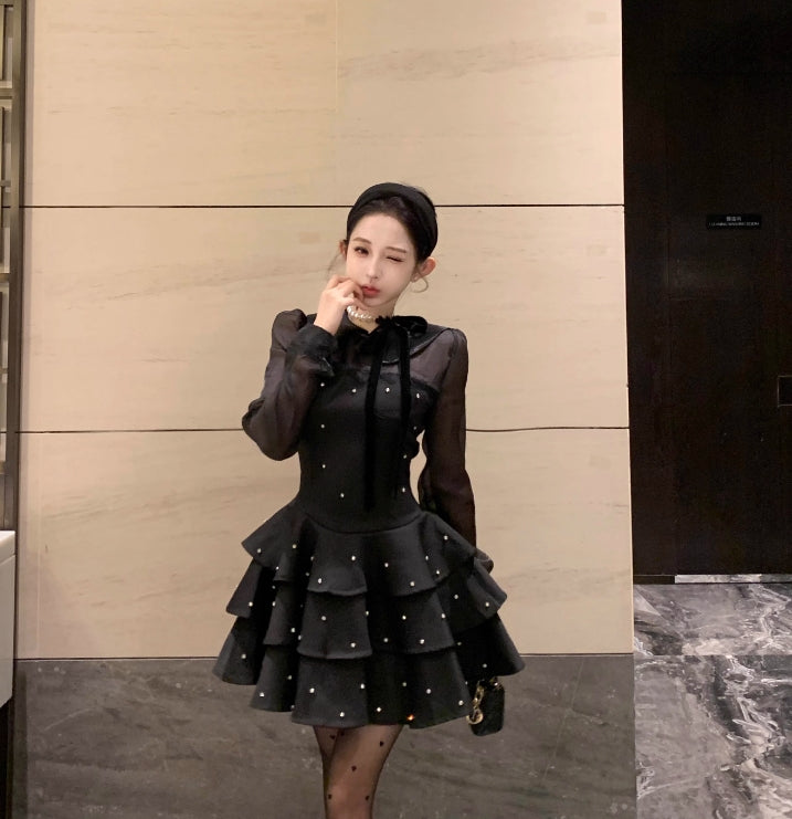 【dress】フランス風ダイヤモンド長袖ワンピースG24563