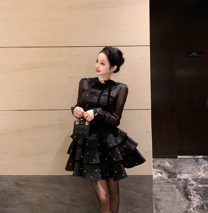 【dress】フランス風ダイヤモンド長袖ワンピースG24563