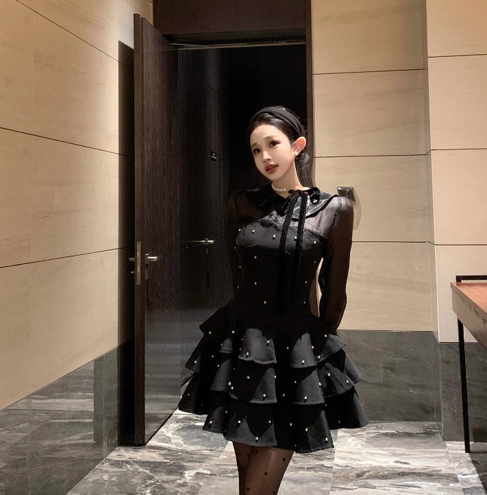 【dress】フランス風ダイヤモンド長袖ワンピースG24563