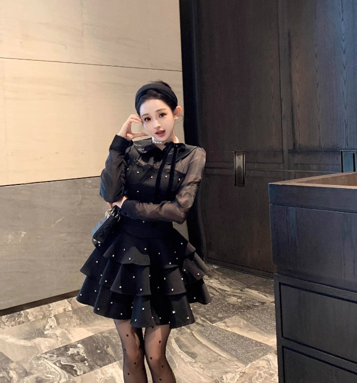 【dress】フランス風ダイヤモンド長袖ワンピースG24563