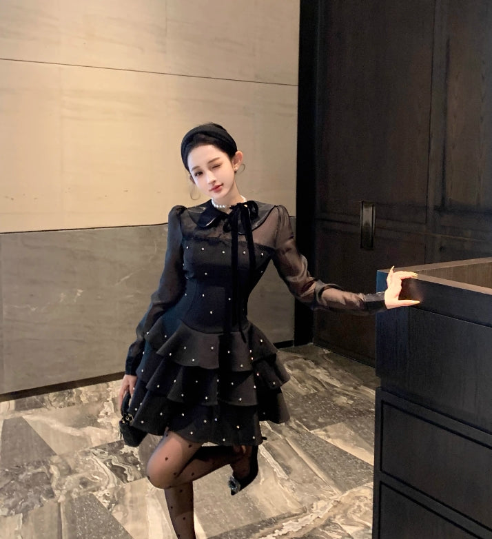 【dress】フランス風ダイヤモンド長袖ワンピースG24563