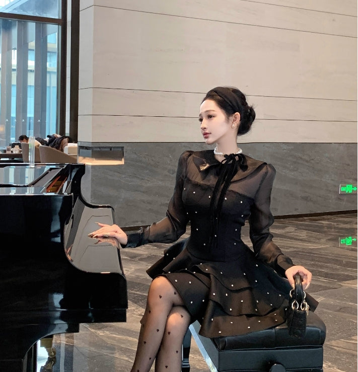 【dress】フランス風ダイヤモンド長袖ワンピースG24563