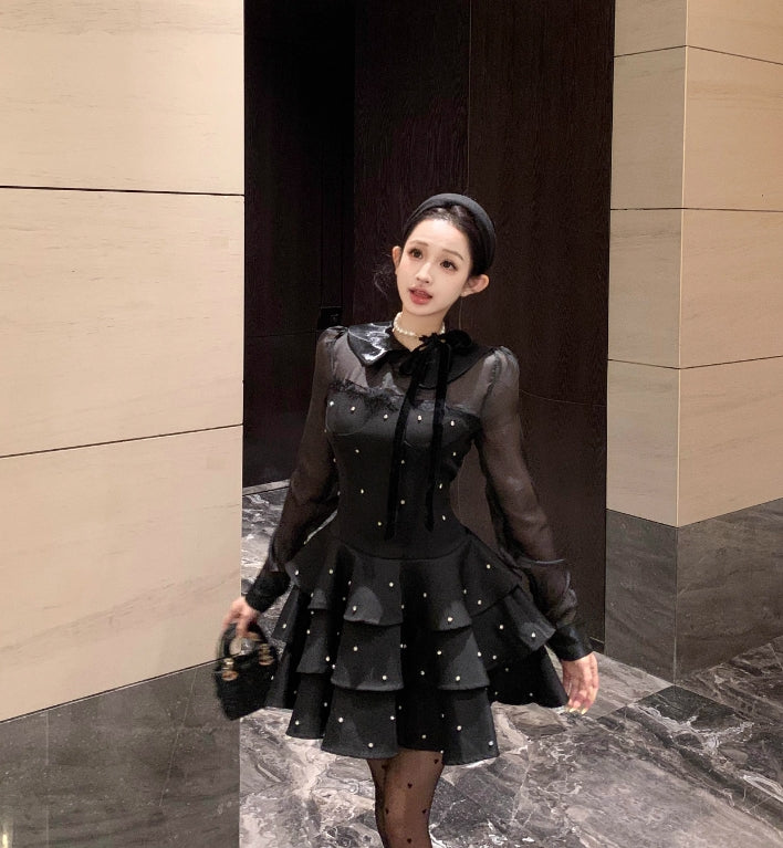 【dress】フランス風ダイヤモンド長袖ワンピースG24563