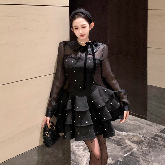 【dress】フランス風ダイヤモンド長袖ワンピースG24563