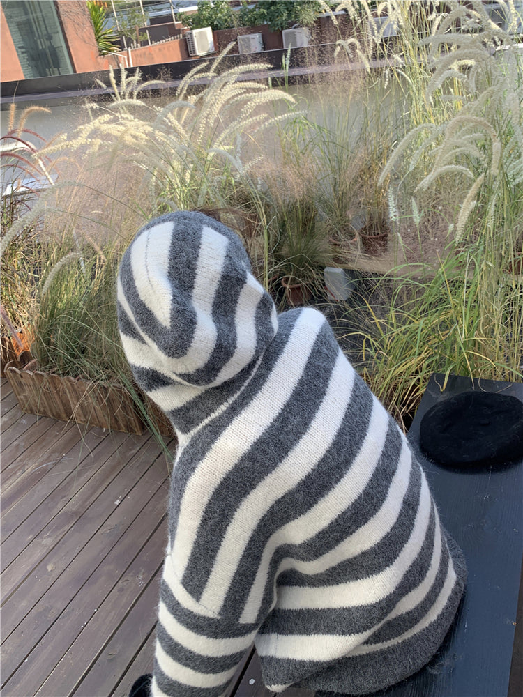 【tops】フード付きストライプ柄ニットセーターG24579