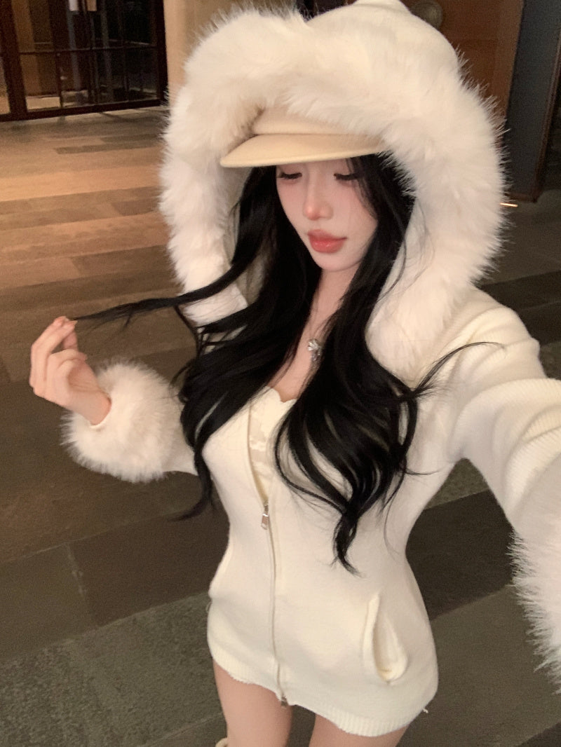 【outer】秋冬フード付きニットカーディガンG24580