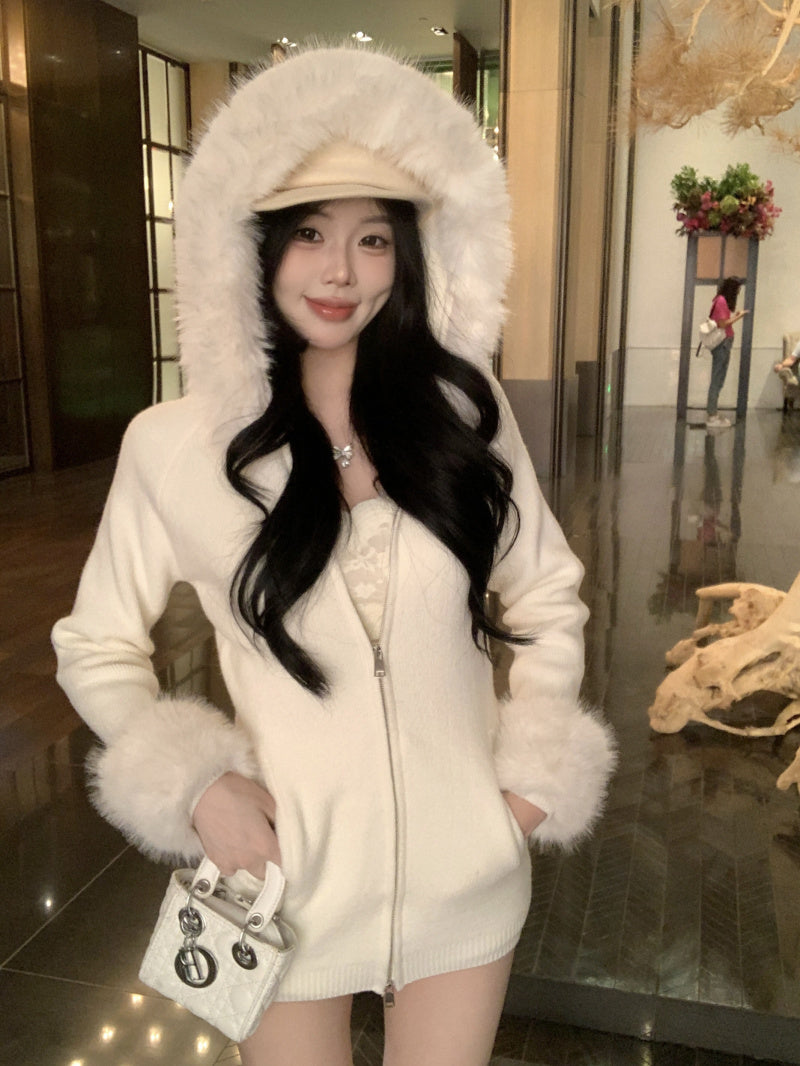 【outer】秋冬フード付きニットカーディガンG24580