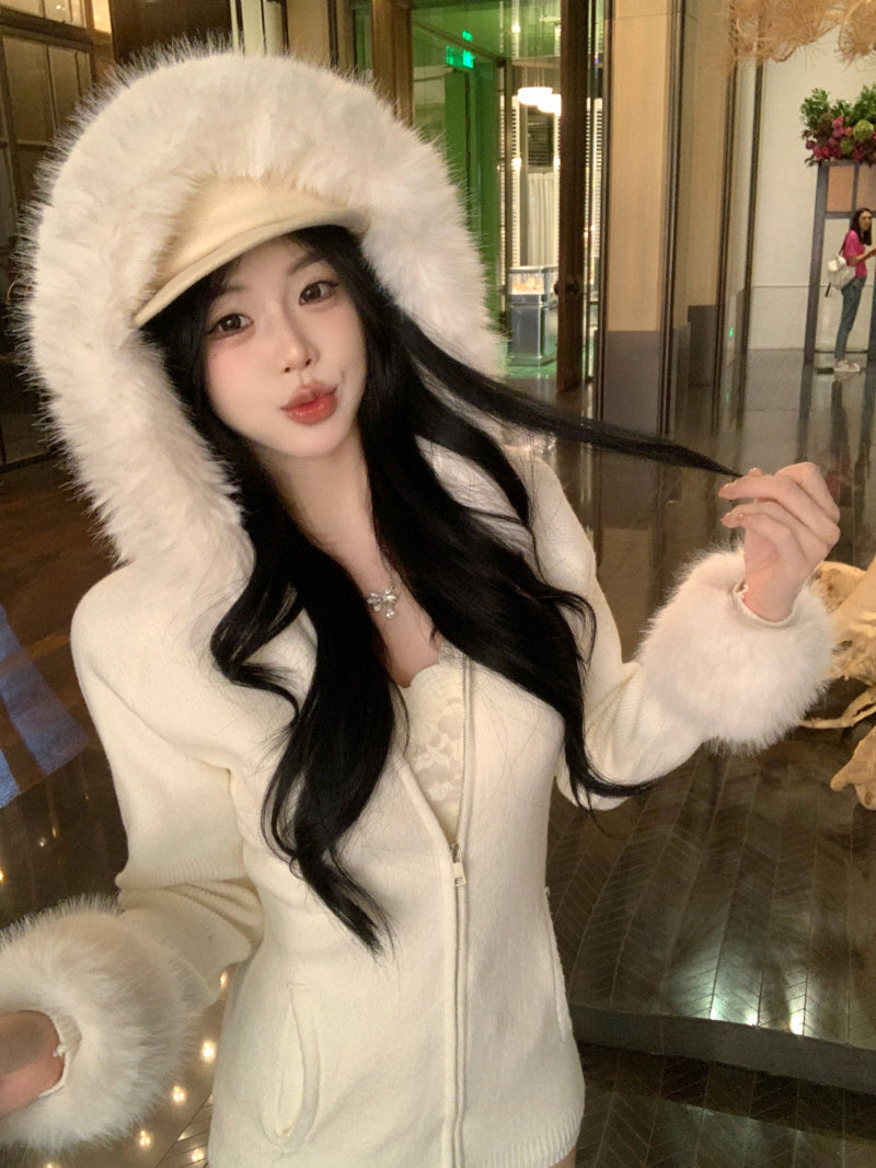 【outer】秋冬フード付きニットカーディガンG24580