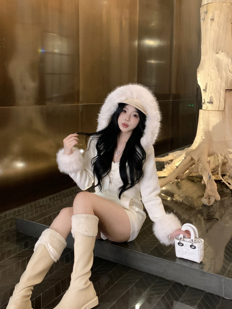 【outer】秋冬フード付きニットカーディガンG24580