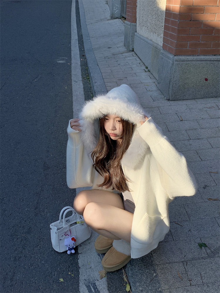 【outer】秋冬フード付きニットカーディガンG24582