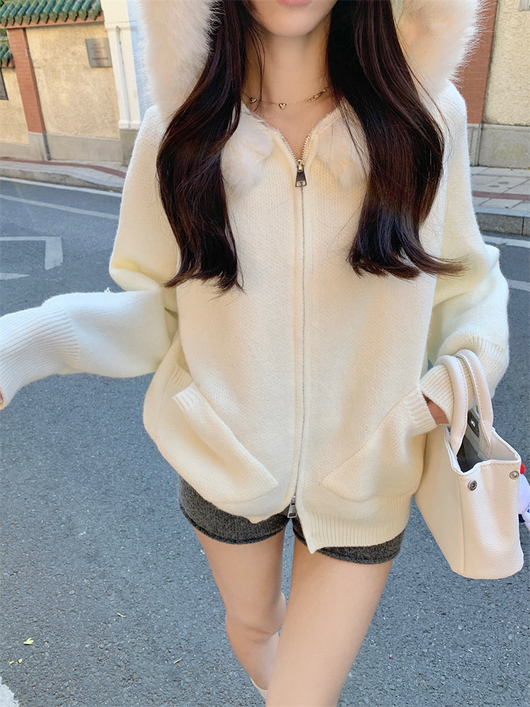 【outer】秋冬フード付きニットカーディガンG24582