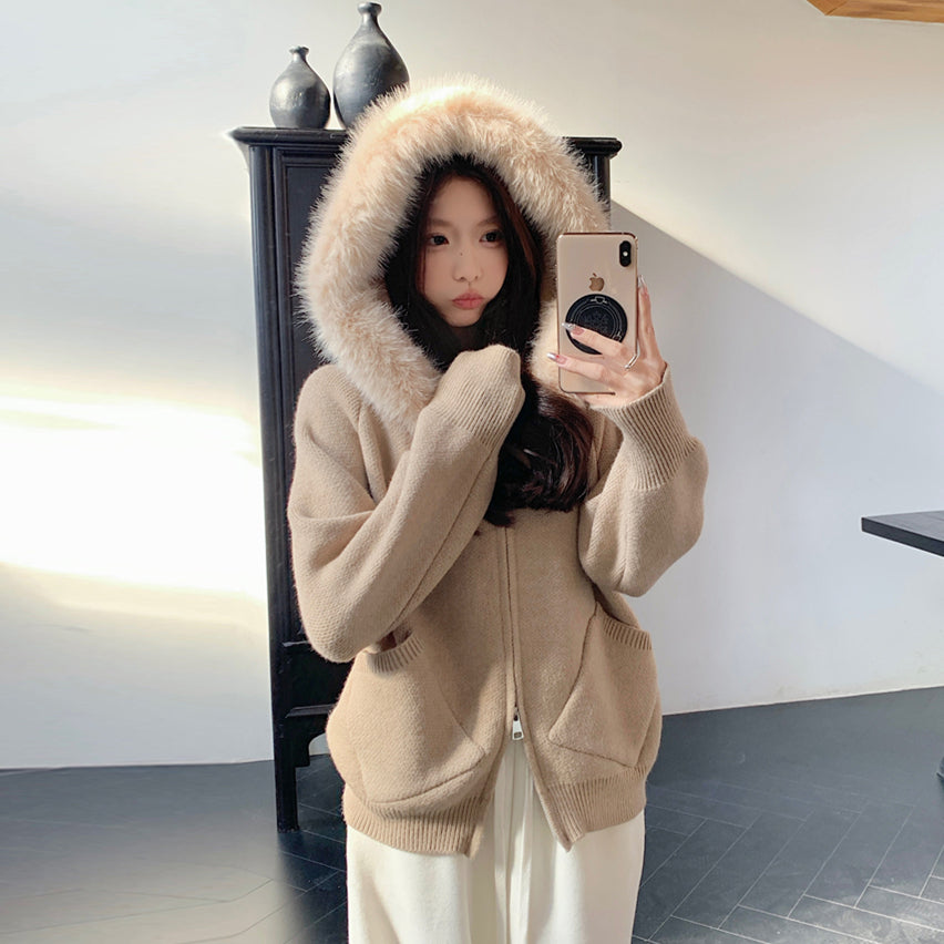 【outer】秋冬フード付きニットカーディガンG24582