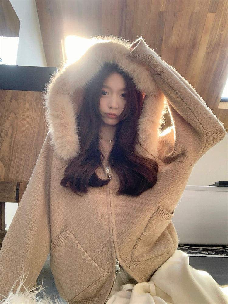 【outer】秋冬フード付きニットカーディガンG24582