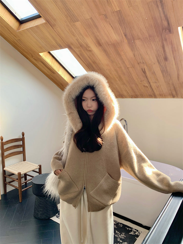 【outer】秋冬フード付きニットカーディガンG24582