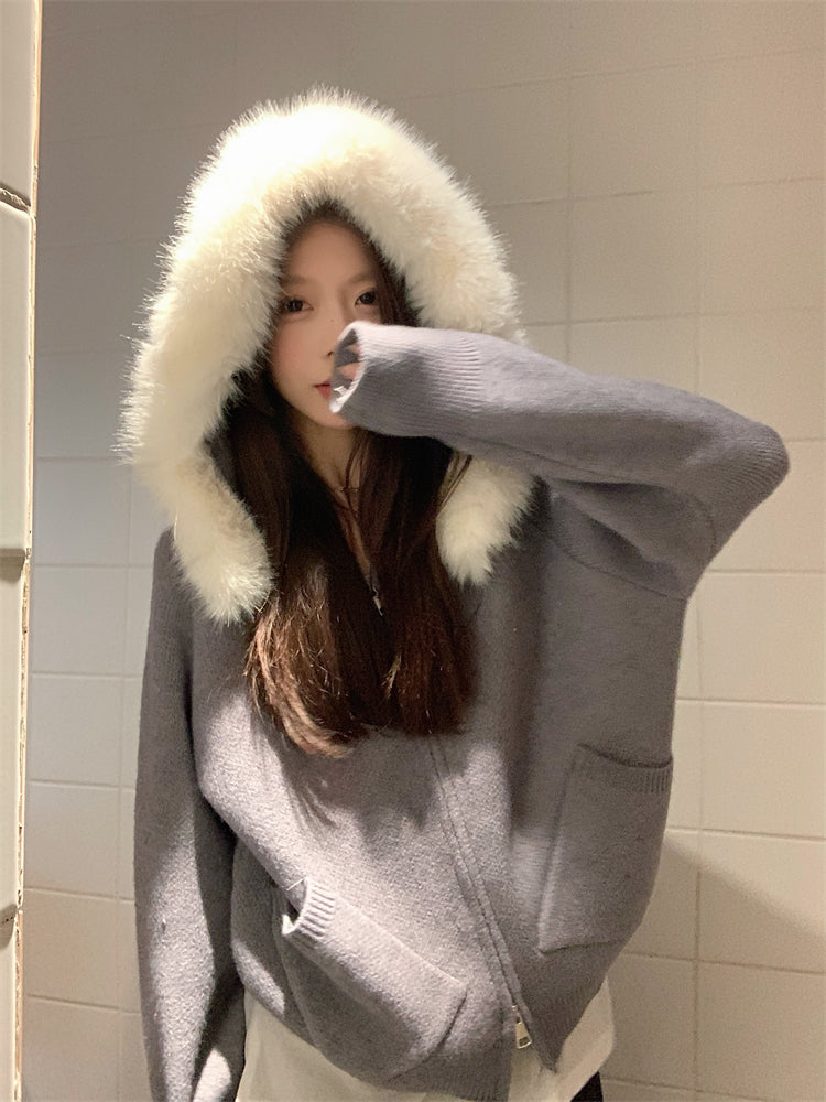 【outer】秋冬フード付きニットカーディガンG24582