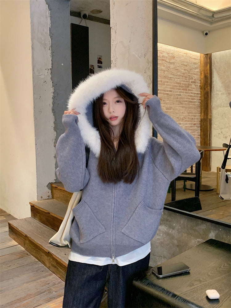 【outer】秋冬フード付きニットカーディガンG24582