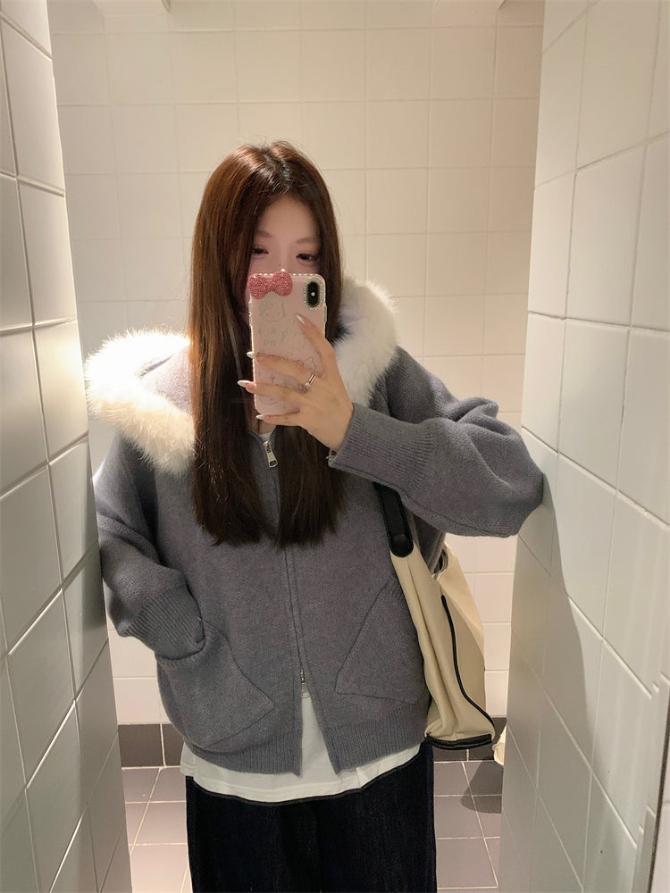 【outer】秋冬フード付きニットカーディガンG24582