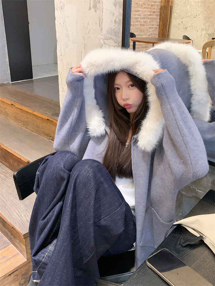 【outer】秋冬フード付きニットカーディガンG24582