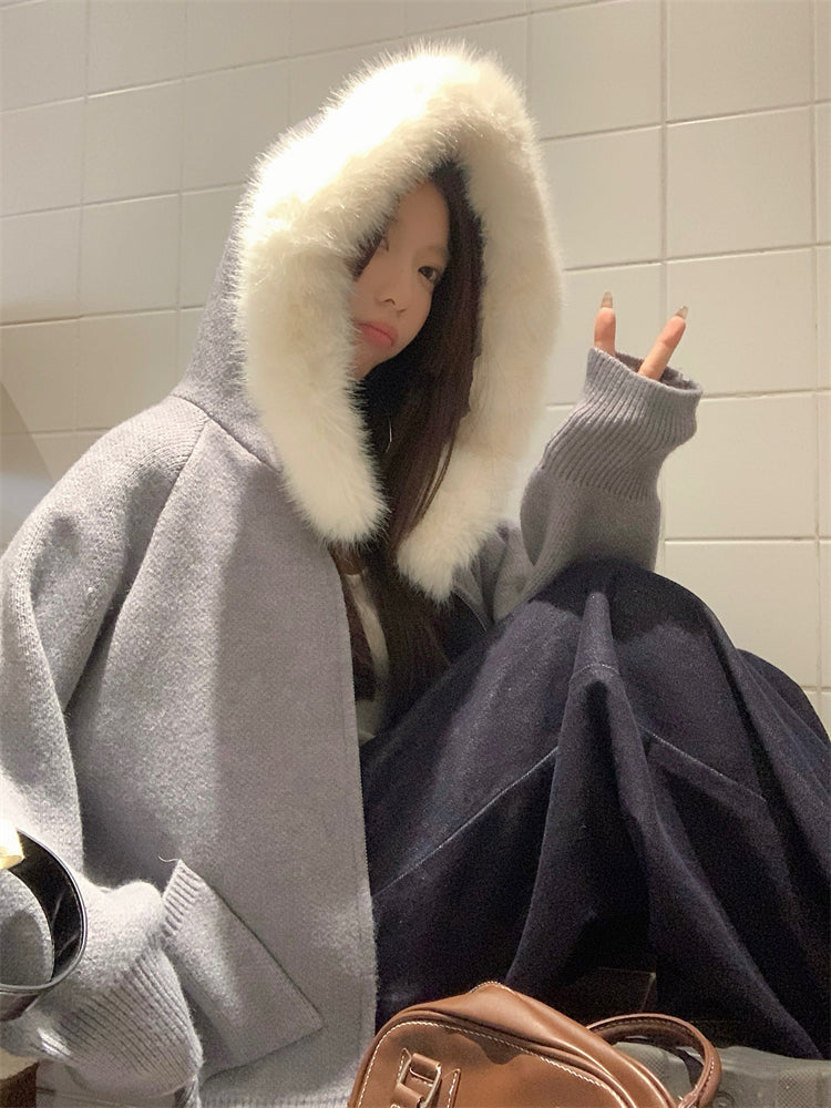 【outer】秋冬フード付きニットカーディガンG24582