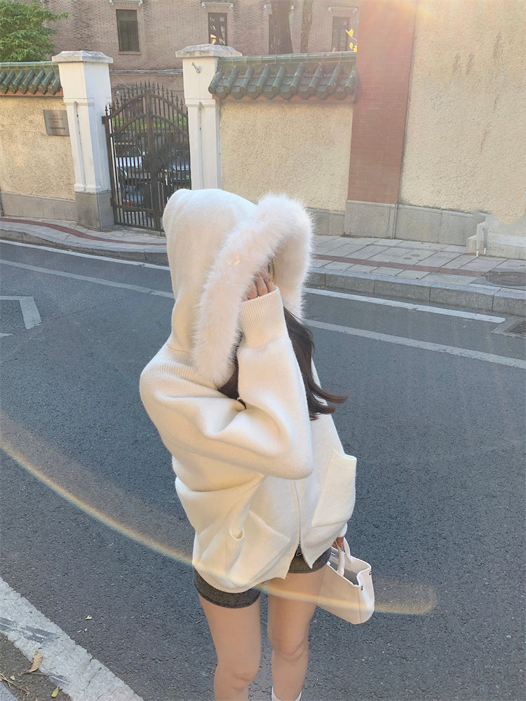 【outer】秋冬フード付きニットカーディガンG24582