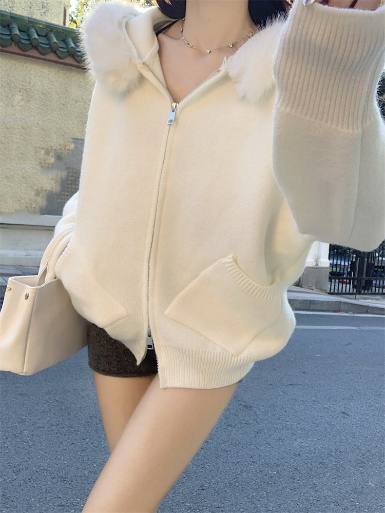 【outer】秋冬フード付きニットカーディガンG24582