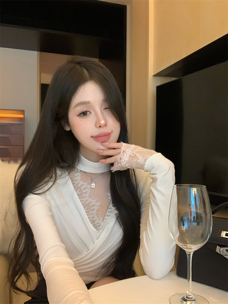 【tops】秋冬長袖レースVネックTシャツG24606