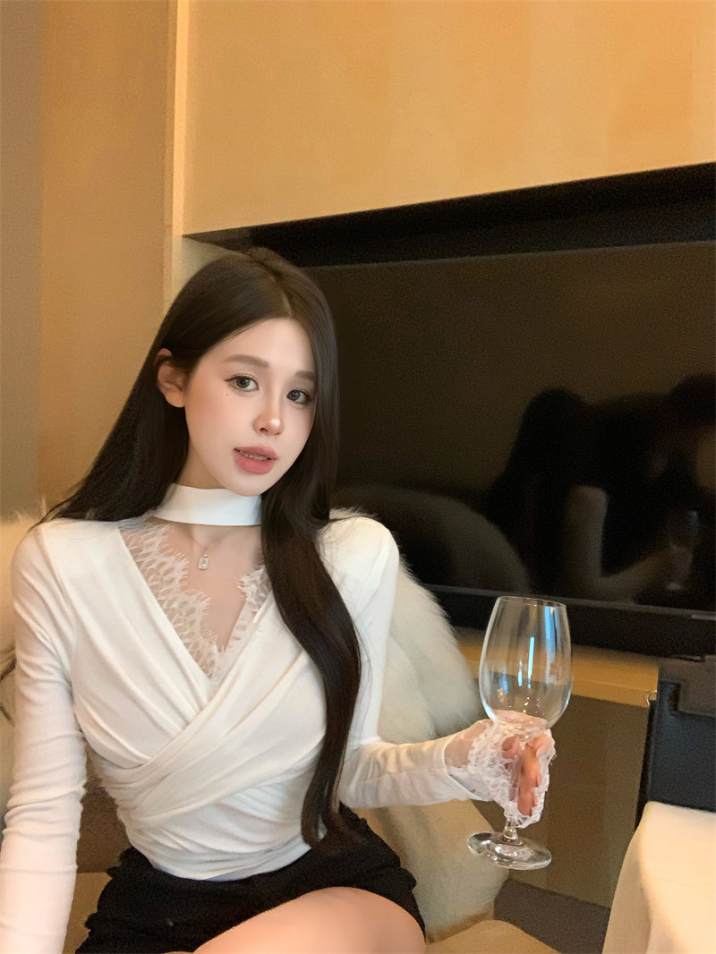 【tops】秋冬長袖レースVネックTシャツG24606