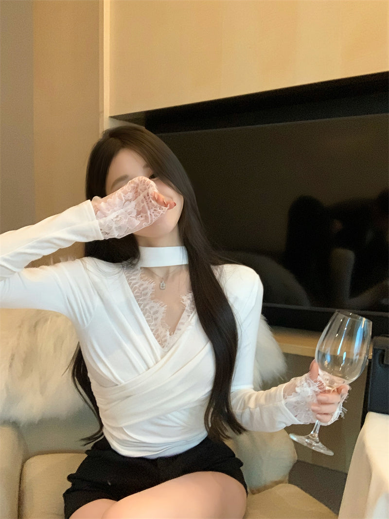 【tops】秋冬長袖レースVネックTシャツG24606