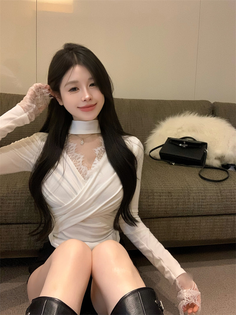 【tops】秋冬長袖レースVネックTシャツG24606