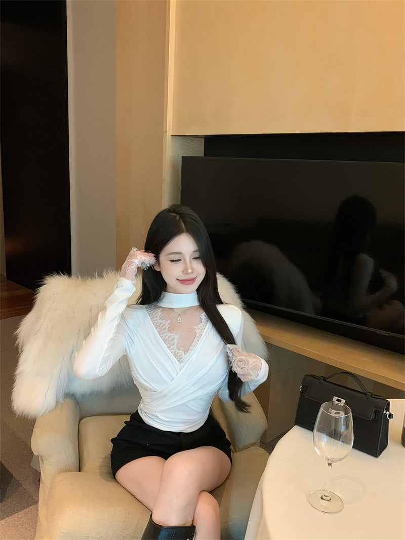 【tops】秋冬長袖レースVネックTシャツG24606