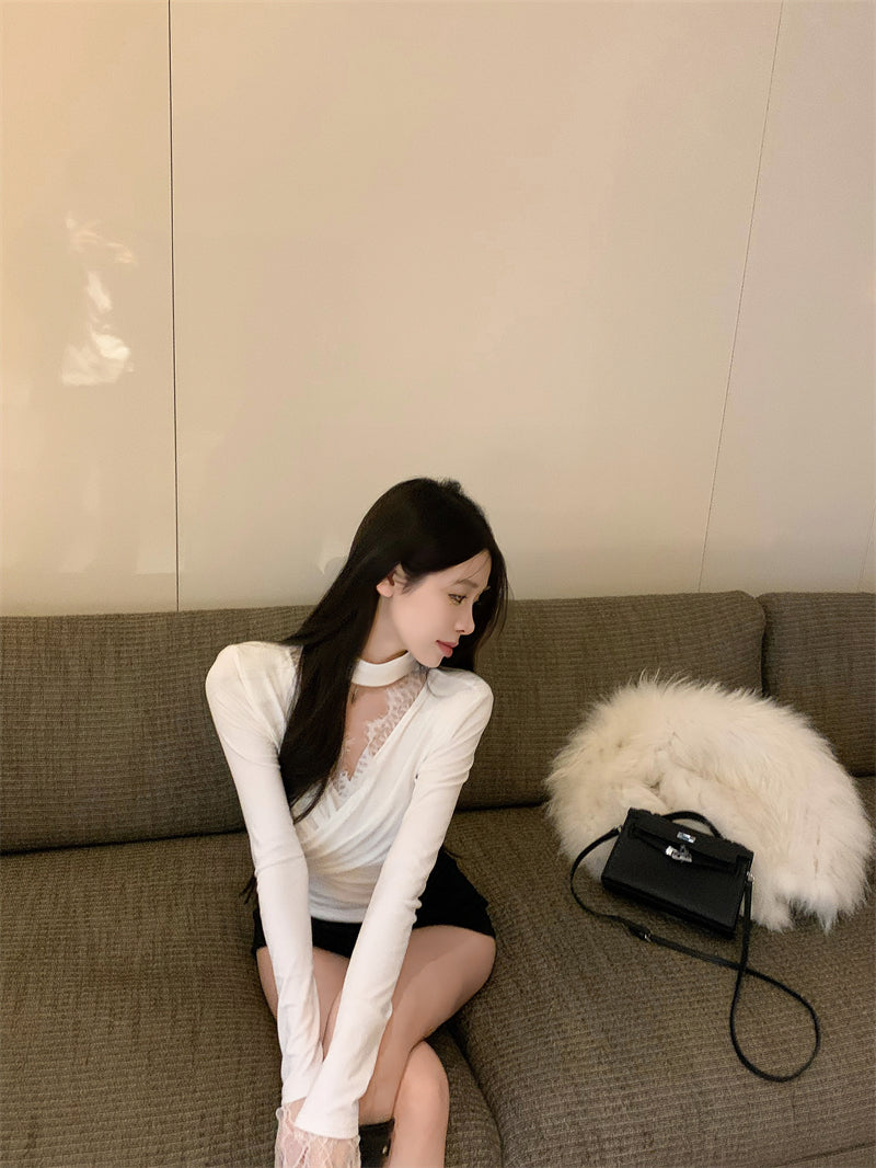 【tops】秋冬長袖レースVネックTシャツG24606