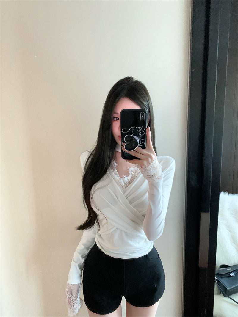 【tops】秋冬長袖レースVネックTシャツG24606