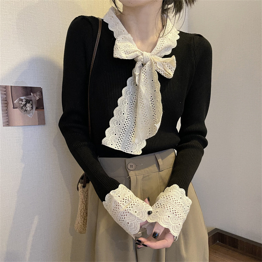 【tops】レース切り替えリボンニットセーターG24607