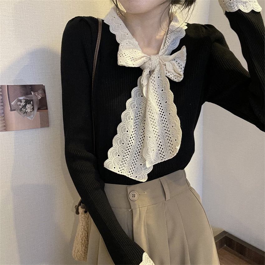【tops】レース切り替えリボンニットセーターG24607