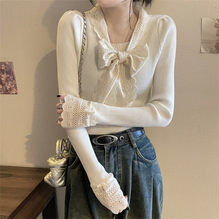 【tops】レース切り替えリボンニットセーターG24607