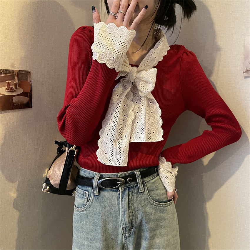 【tops】レース切り替えリボンニットセーターG24607