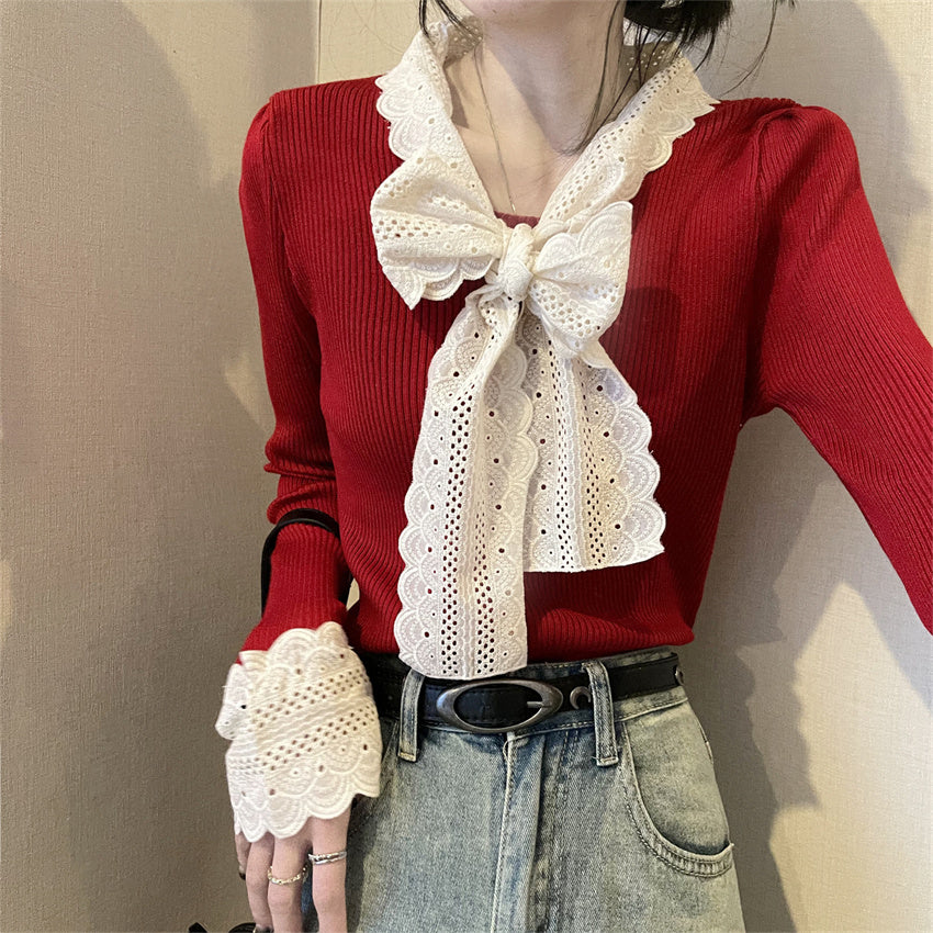 【tops】レース切り替えリボンニットセーターG24607