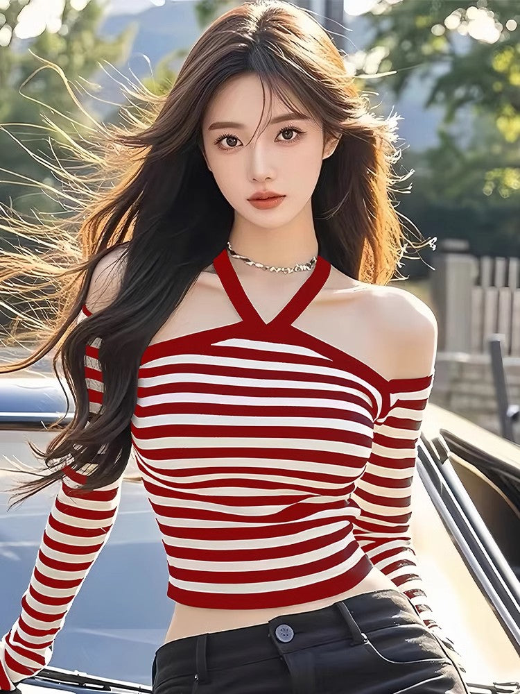 【tops】ストライプ柄長袖秋冬TシャツG24608