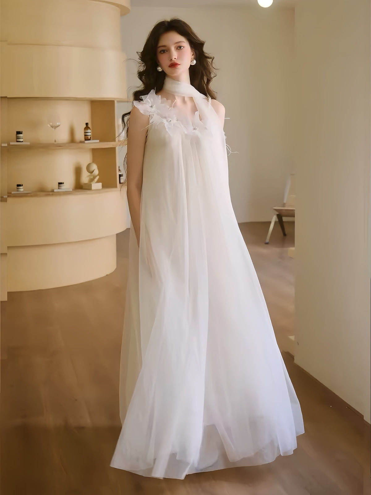 【dress】立体フラワーパールストラップチュールワンピース　K0564