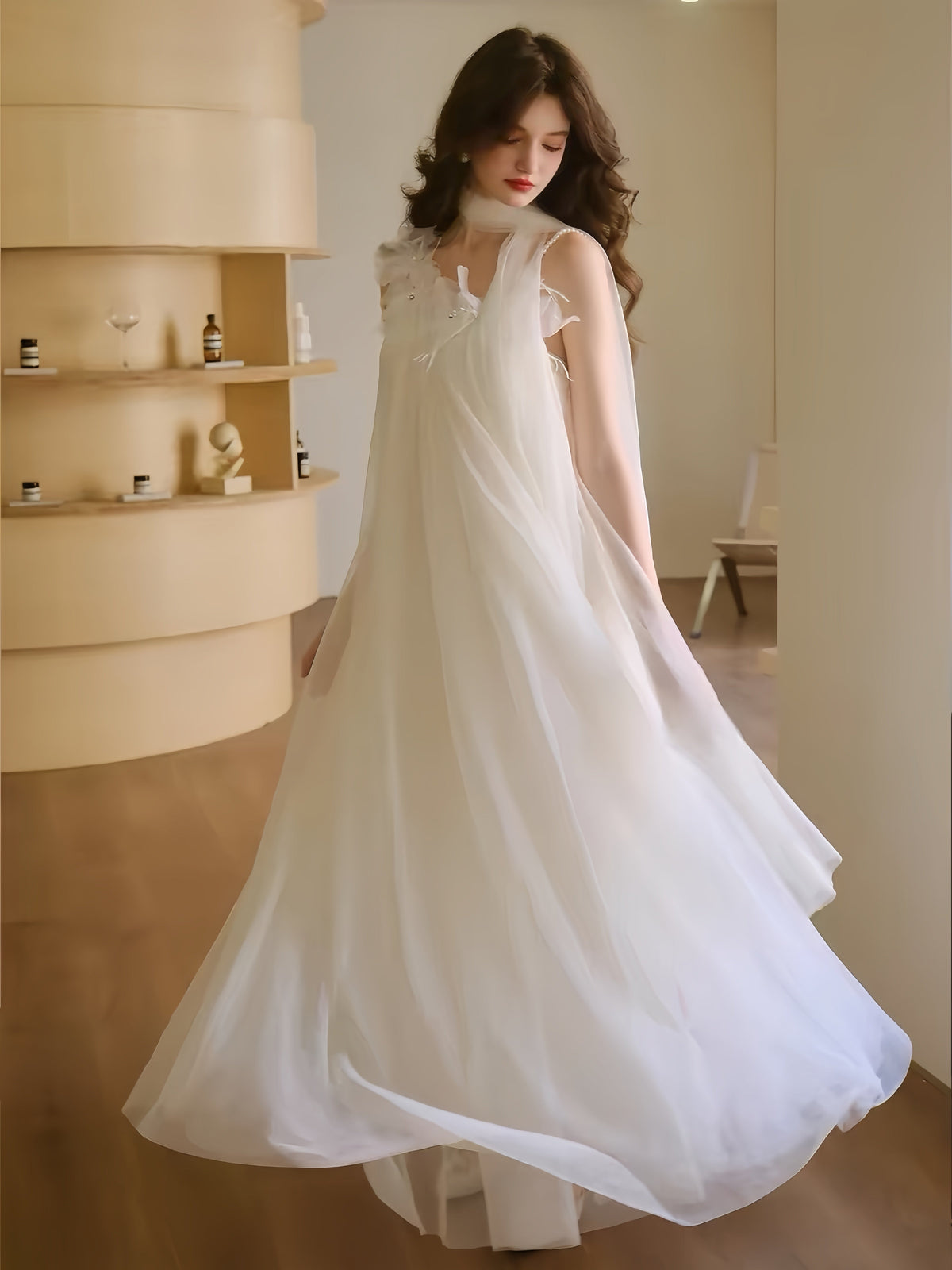 【dress】立体フラワーパールストラップチュールワンピース　K0564