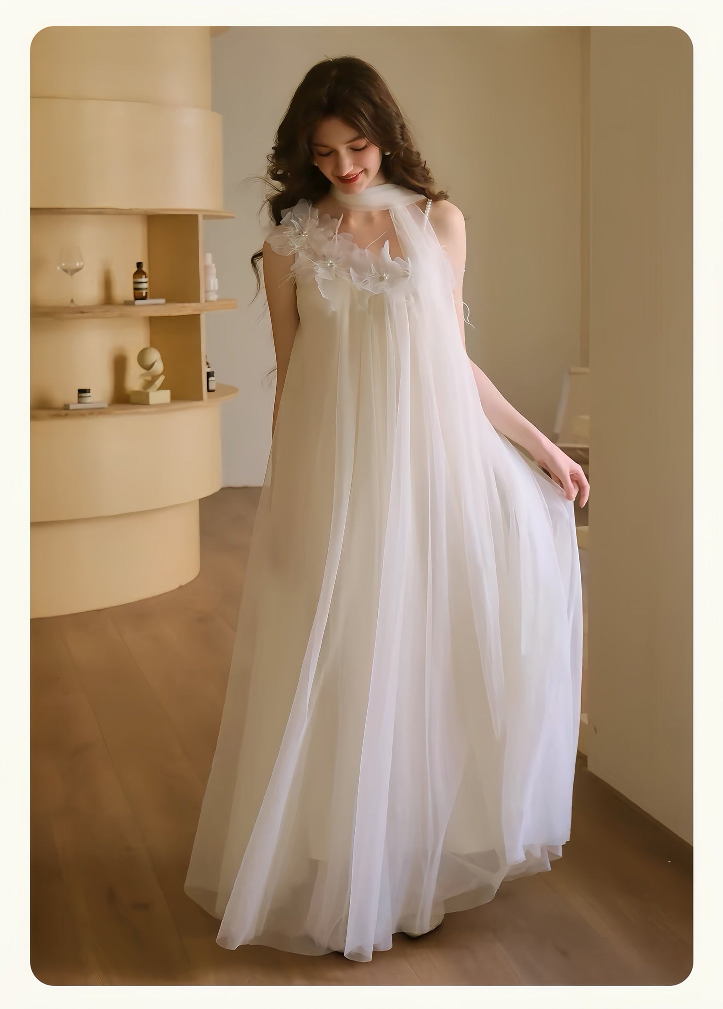 【dress】立体フラワーパールストラップチュールワンピース　K0564