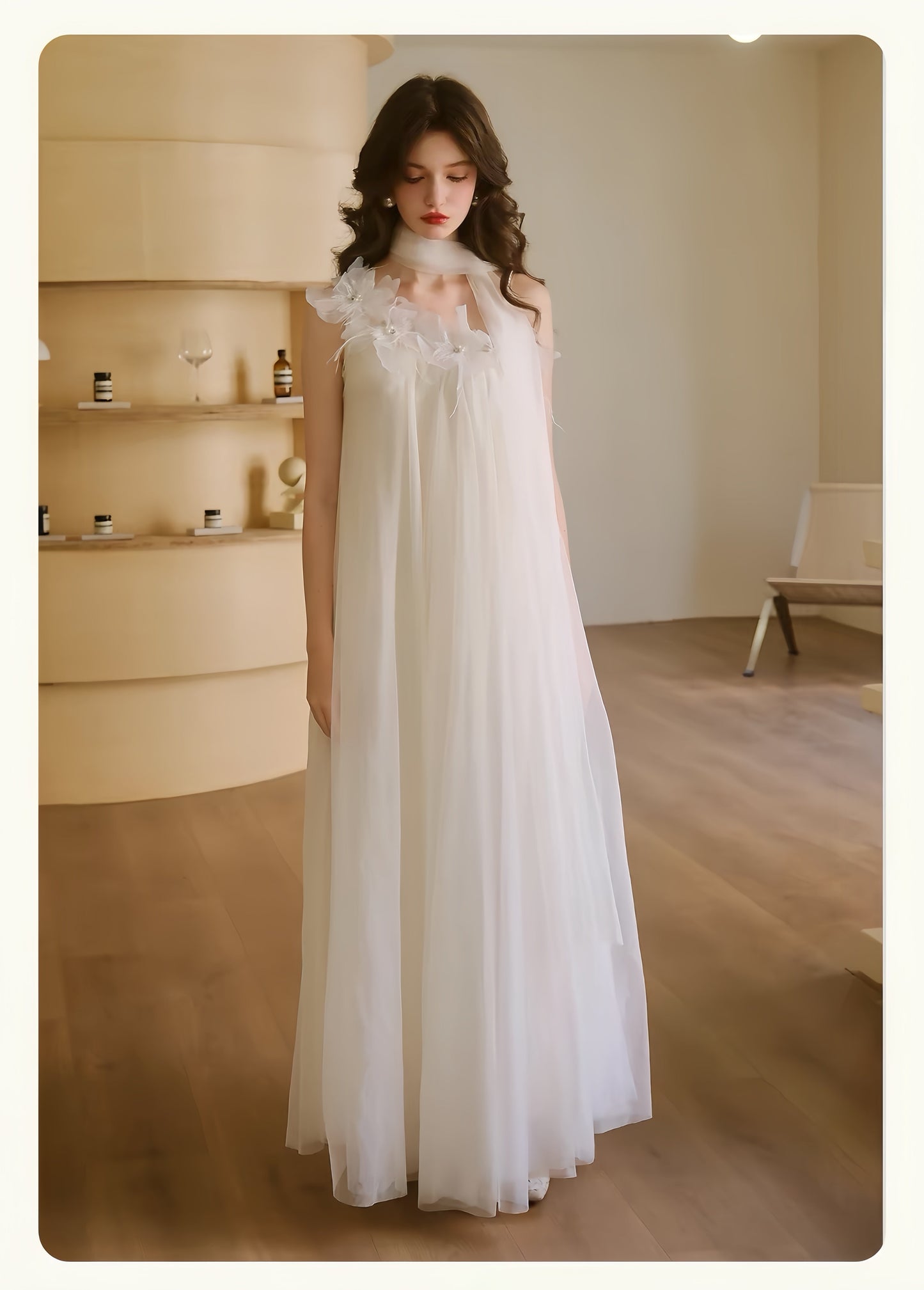 【dress】立体フラワーパールストラップチュールワンピース　K0564