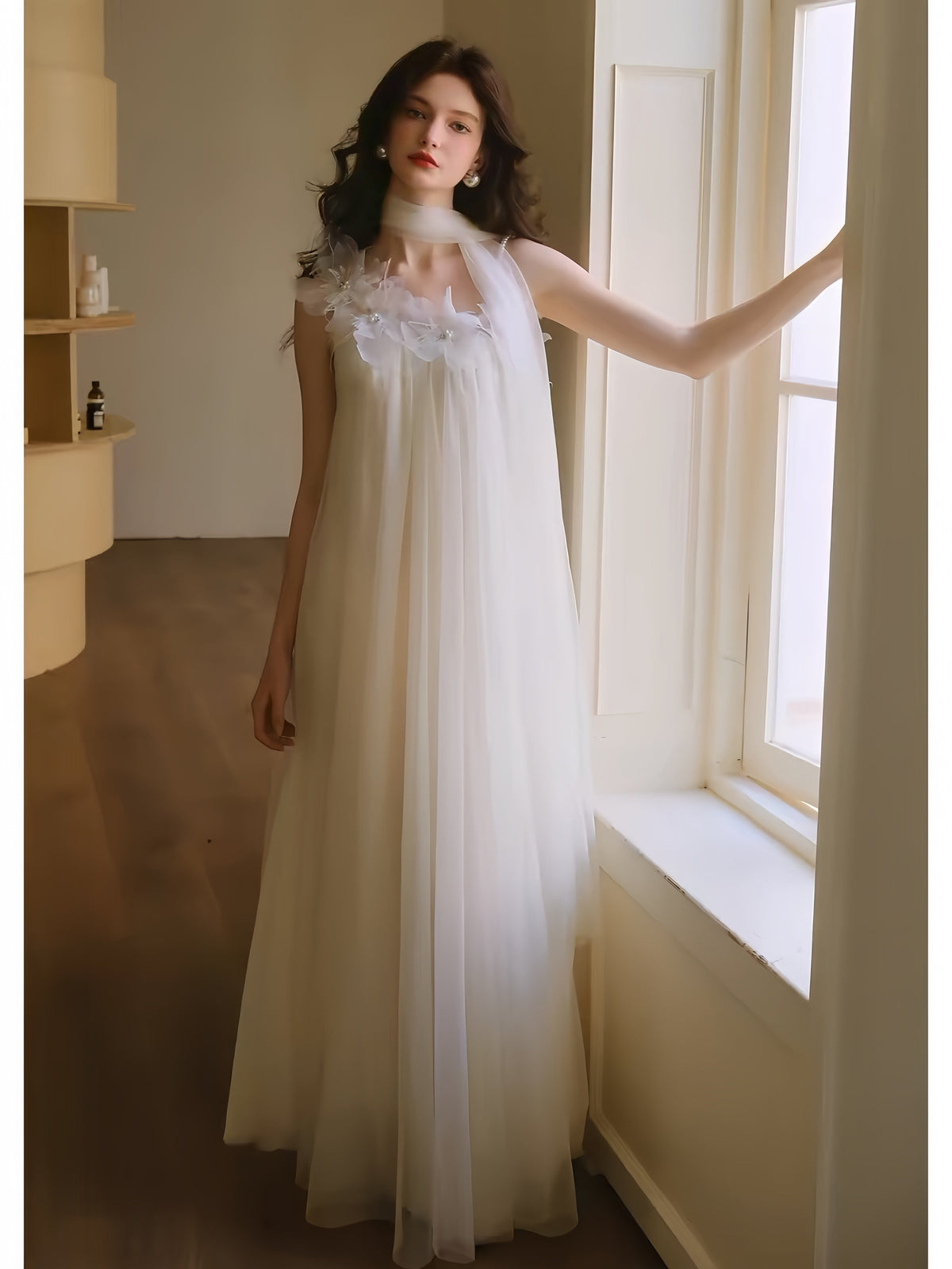 【dress】立体フラワーパールストラップチュールワンピース　K0564