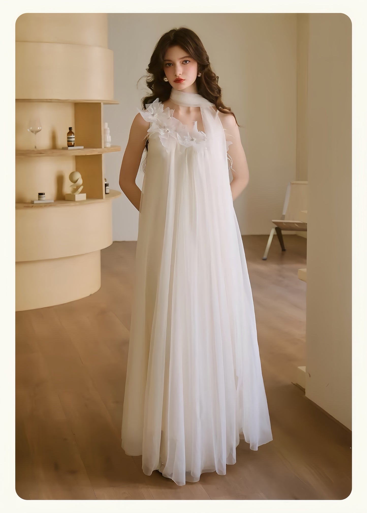 【dress】立体フラワーパールストラップチュールワンピース　K0564
